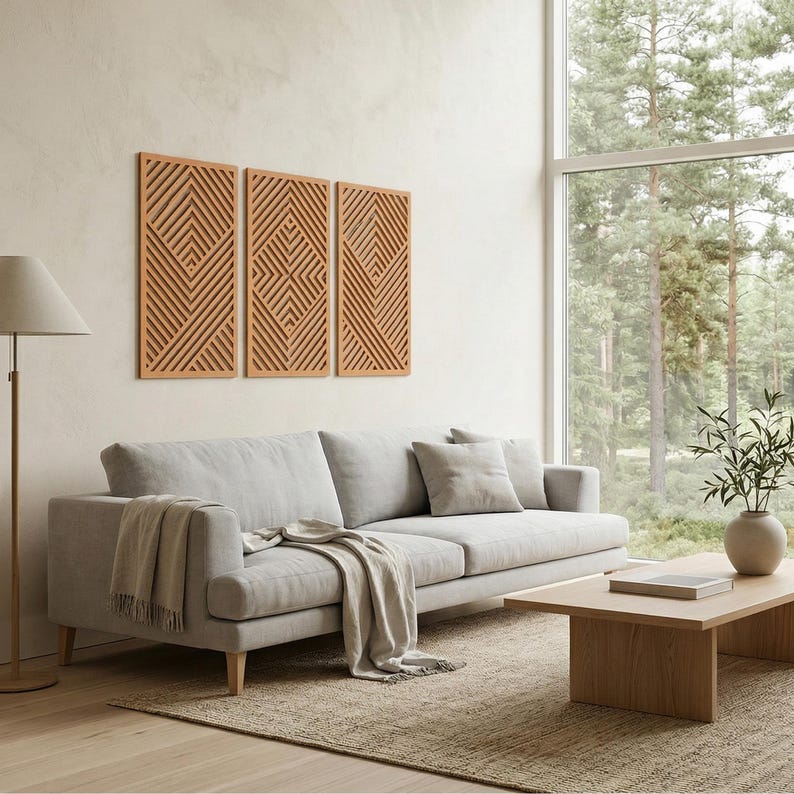 Ensemble d'art mural triptyque en bois wengé, 3 panneaux abstraits géométriques, décoration Japandi moderne