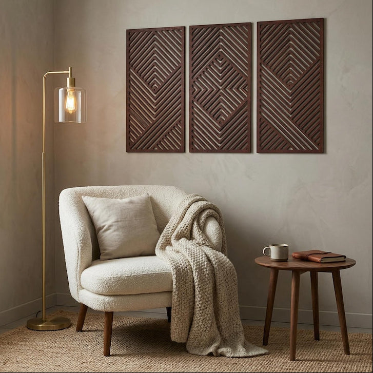 Ensemble d'art mural triptyque en bois wengé, 3 panneaux abstraits géométriques, décoration Japandi moderne