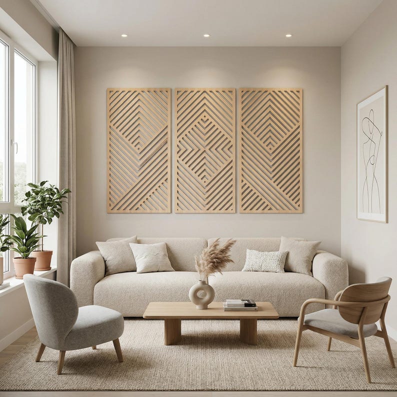 Ensemble d'art mural triptyque en bois wengé, 3 panneaux abstraits géométriques, décoration Japandi moderne