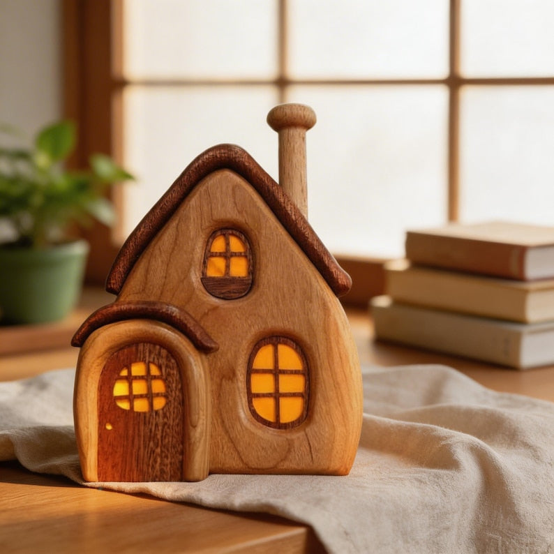 Maison Féerique en Bois, Décoration de Cottagecore, Ornement pour Étagère et Coin Lecture