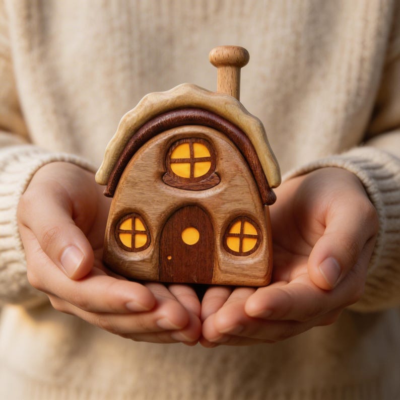 Maison Féerique en Bois, Décoration de Cottagecore, Ornement pour Étagère et Coin Lecture
