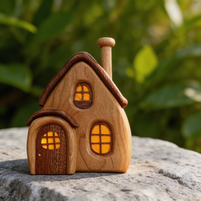 Maison Féerique en Bois, Décoration de Cottagecore, Ornement pour Étagère et Coin Lecture