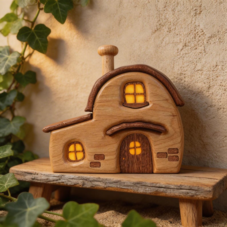 Maison Féerique en Bois, Décoration de Cottagecore, Ornement pour Étagère et Coin Lecture