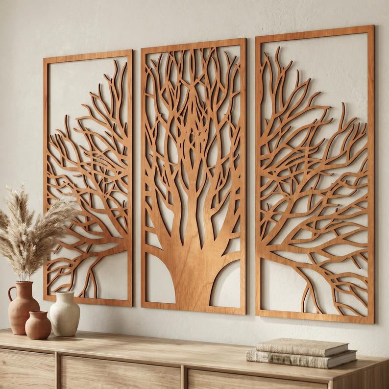 Lot de 3 panneaux muraux en bois arbre de vie, décoration triptyque bohème moderne, grand art mural en bois contreplaqué, décoration chambre minimaliste