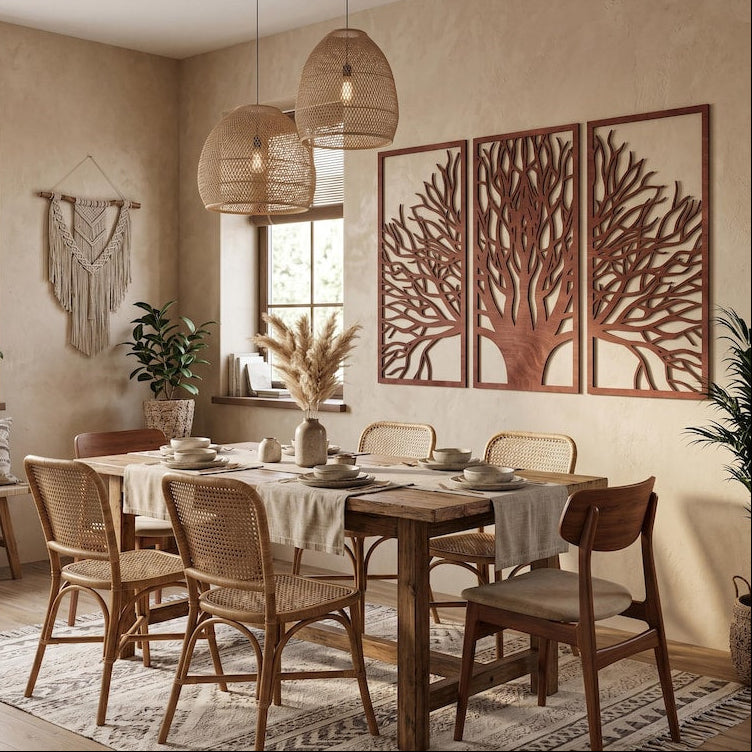 Lot de 3 panneaux muraux en bois arbre de vie, décoration triptyque bohème moderne, grand art mural en bois contreplaqué, décoration chambre minimaliste