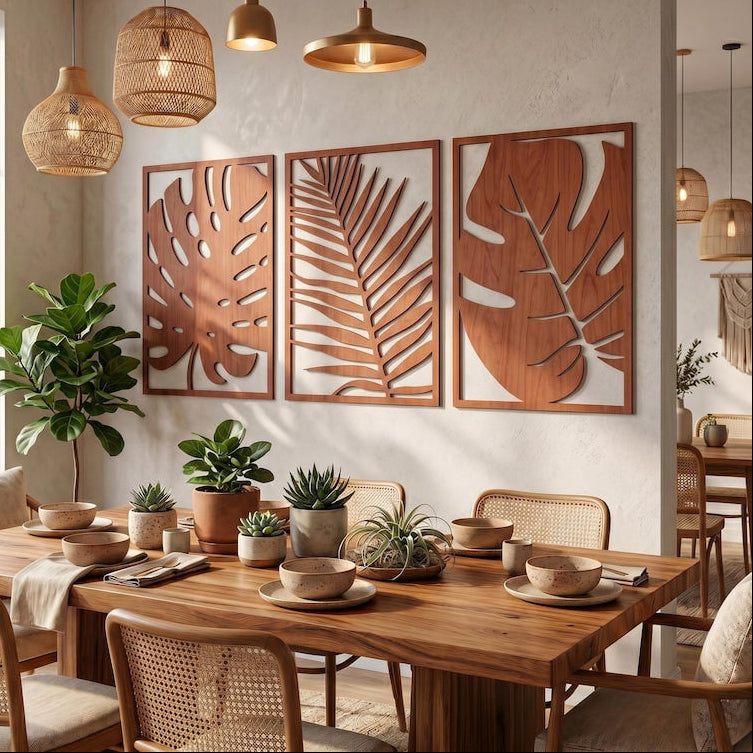 Art mural en bois 3 panneaux feuilles tropicales Monstera, décoration botanique bohème