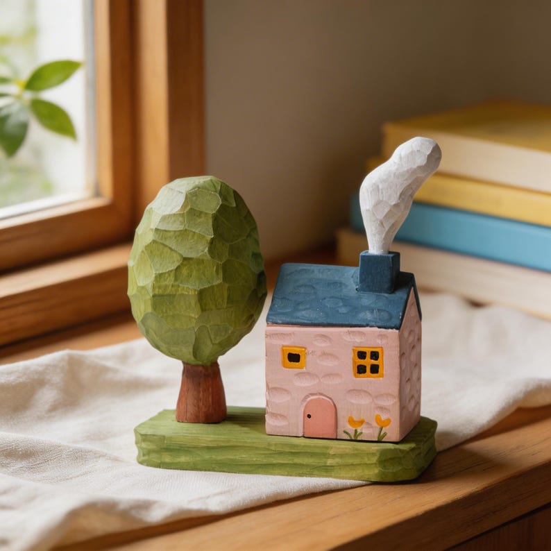 Miniature Sculpture en Bois Phare Maison de Campagne Paysage Arbres Ornement Cottagecore