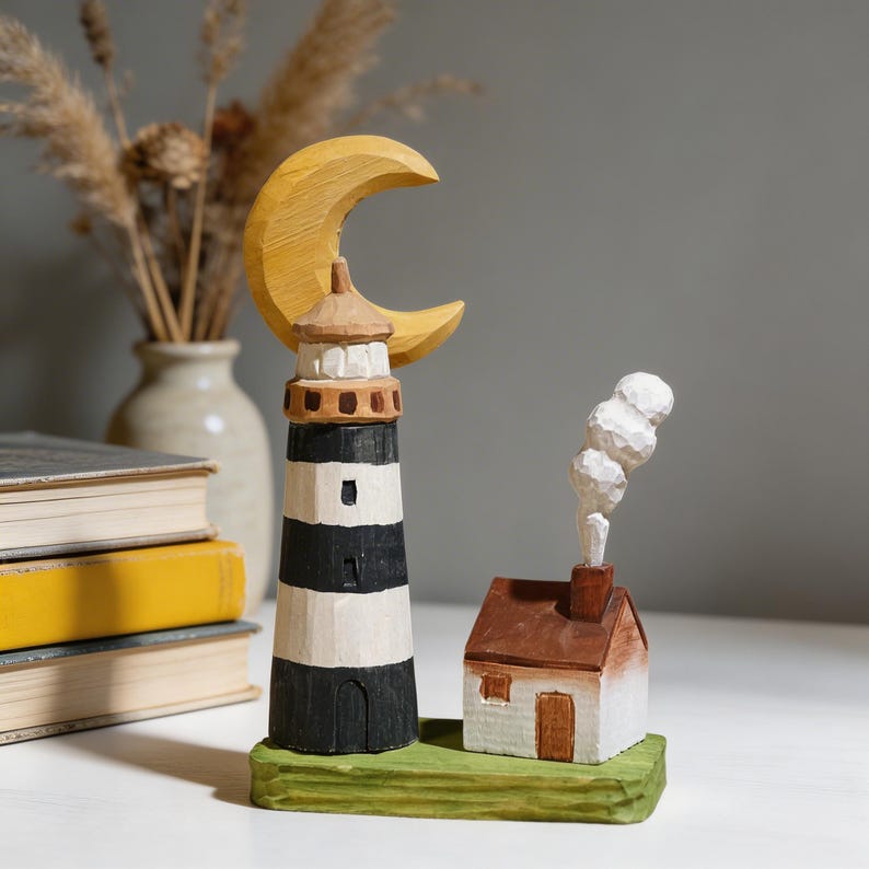 Miniature Sculpture en Bois Phare Maison de Campagne Paysage Arbres Ornement Cottagecore