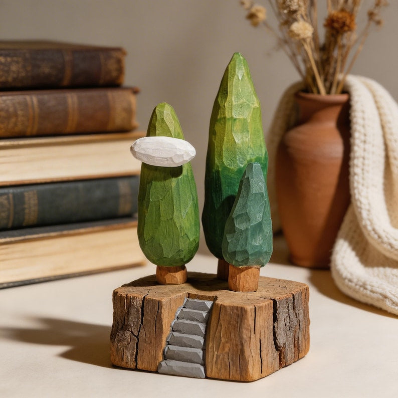 Miniature Sculpture en Bois Phare Maison de Campagne Paysage Arbres Ornement Cottagecore