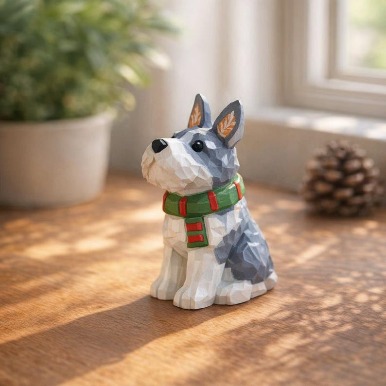 Figurine Schnauzer en Bois, Décoration Chien Bois, Ornement pour Bureau