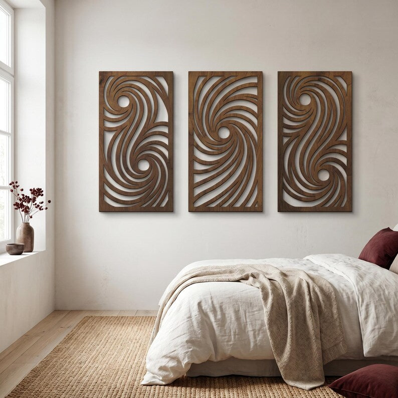 Abstrait Vagues Art Mural Triptyque 3 Panneaux en Bois Moderne