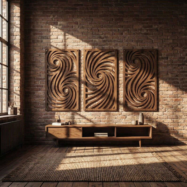Abstrait Vagues Art Mural Triptyque 3 Panneaux en Bois Moderne