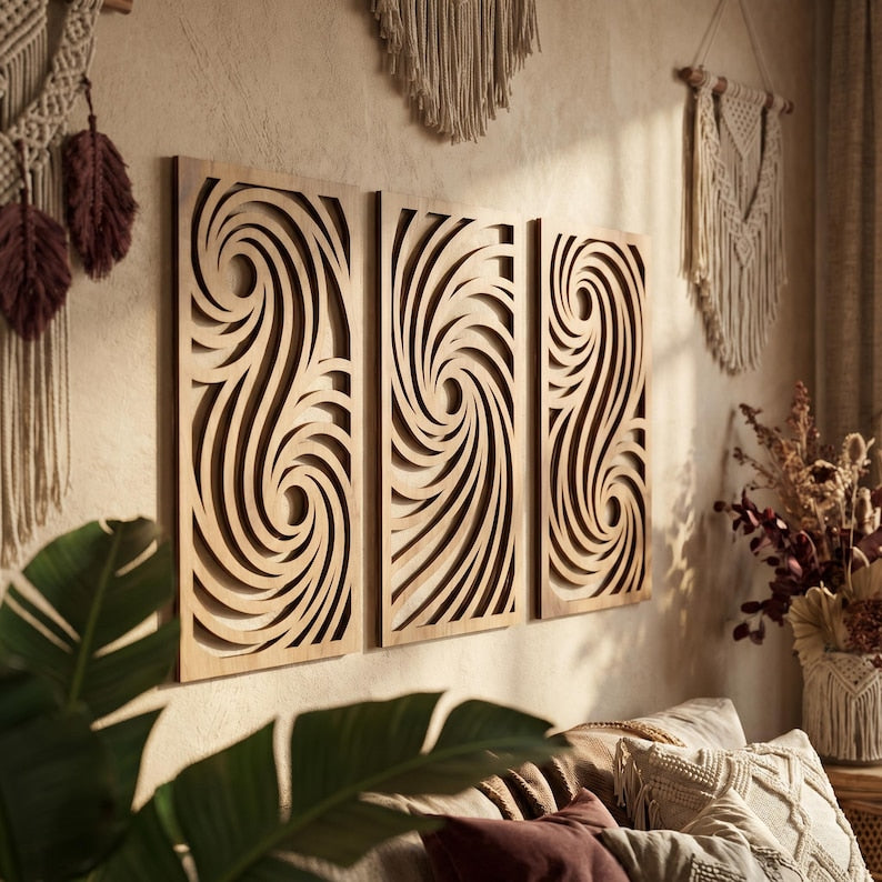 Abstrait Vagues Art Mural Triptyque 3 Panneaux en Bois Moderne