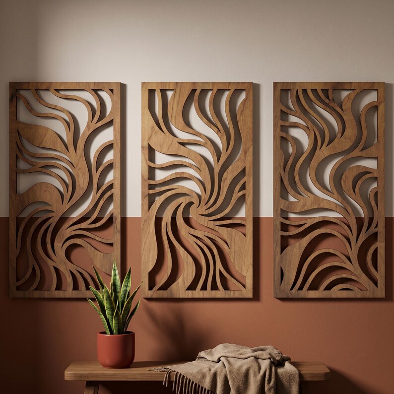 Set de 3 panneaux muraux en contreplaqué, décoration murale géométrique, art paramétrique Japandi, 12-24 pouces