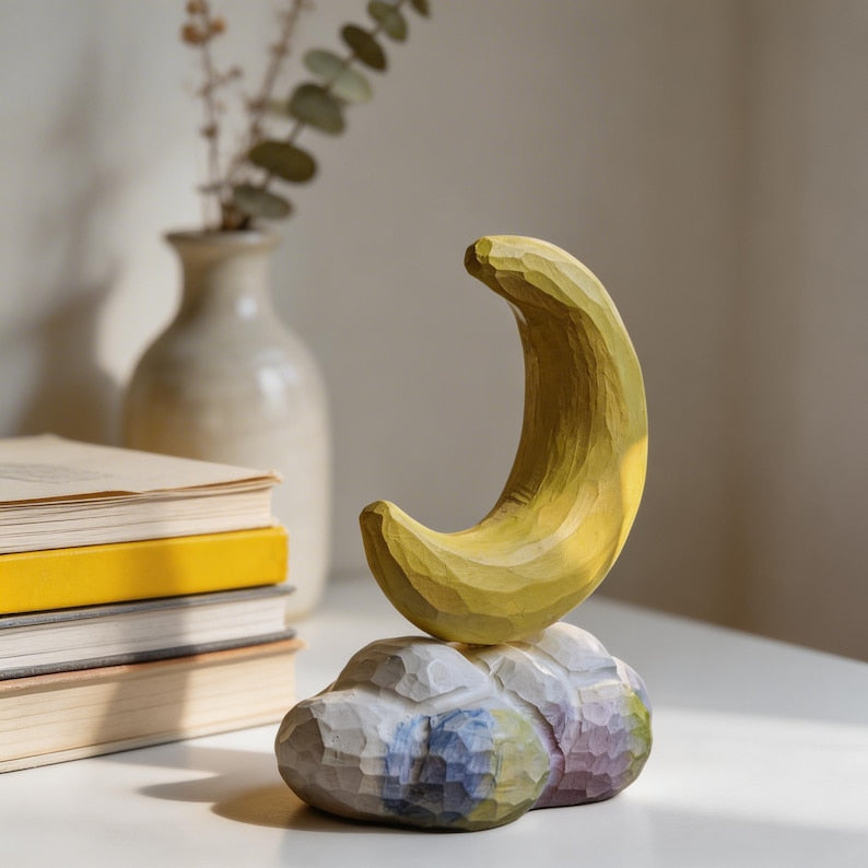 Décoration murale en bois croissant de lune, étagère décorative céleste, ornement fait main, 15 cm
