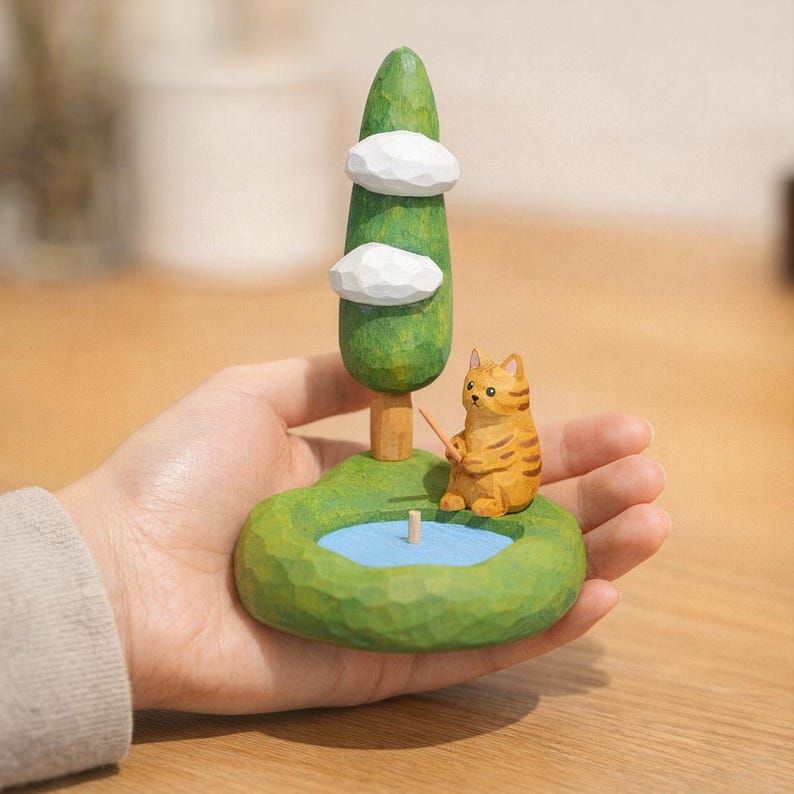 Figurine de chat en bois avec scène de pêche, décoration d'étagère artisanale peinte à la main, 14 cm