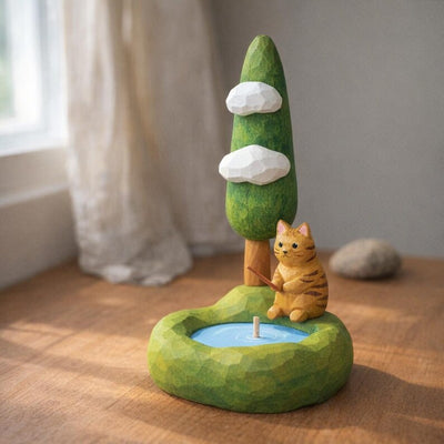 Figurine de chat en bois avec scène de pêche, décoration d'étagère artisanale peinte à la main, 14 cm