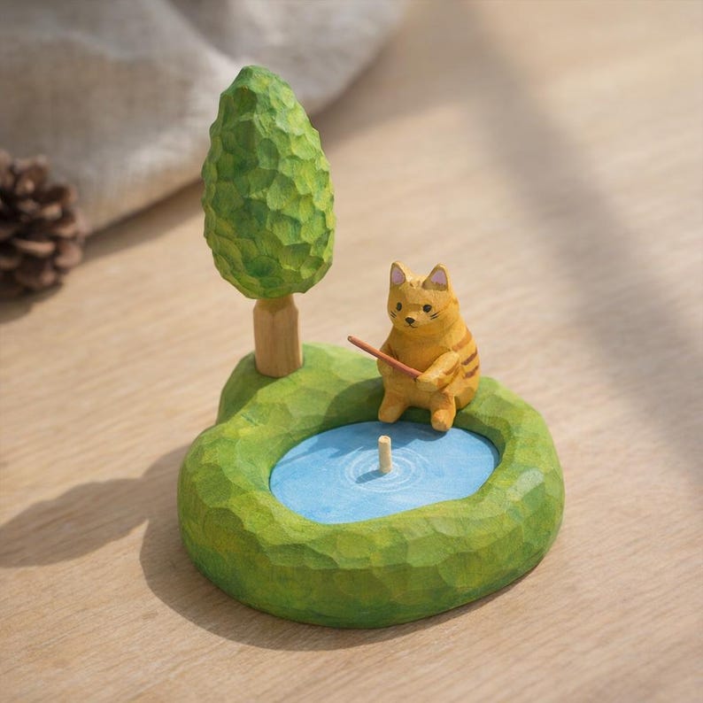 Figurine de chat en bois avec scène de pêche, décoration d'étagère artisanale peinte à la main, 14 cm