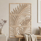 Art mural tropical 3 panneaux bois décoration Japandi feuille palmier triptyque botanique