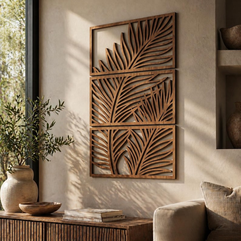 Art mural tropical 3 panneaux bois décoration Japandi feuille palmier triptyque botanique