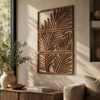 Art mural tropical 3 panneaux bois décoration Japandi feuille palmier triptyque botanique