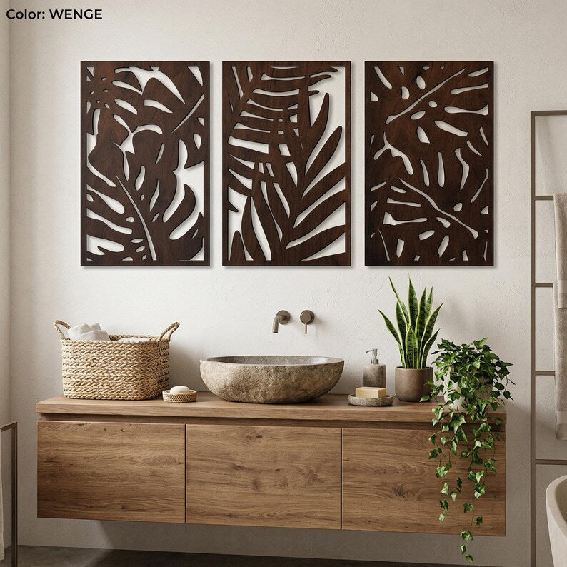Art mural bohème en bois 3 pièces, panneaux muraux Monstera, décoration tropicale