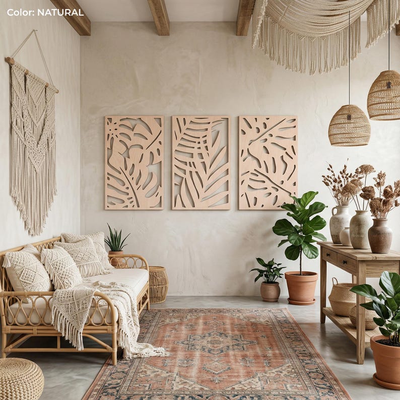 Art mural bohème en bois 3 pièces, panneaux muraux Monstera, décoration tropicale