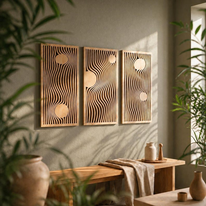 Panneaux muraux en bois, décoration murale bohème, 3 pièces d'art mural triptyque, art du bois moderne Mid-Century, géométrique