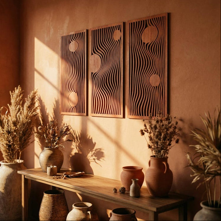 Panneaux muraux en bois, décoration murale bohème, 3 pièces d'art mural triptyque, art du bois moderne Mid-Century, géométrique