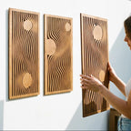 Panneaux muraux en bois, décoration murale bohème, 3 pièces d'art mural triptyque, art du bois moderne Mid-Century, géométrique