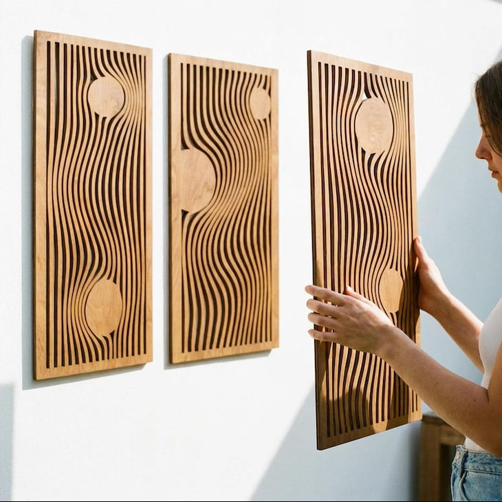 Panneaux muraux en bois, décoration murale bohème, 3 pièces d'art mural triptyque, art du bois moderne Mid-Century, géométrique