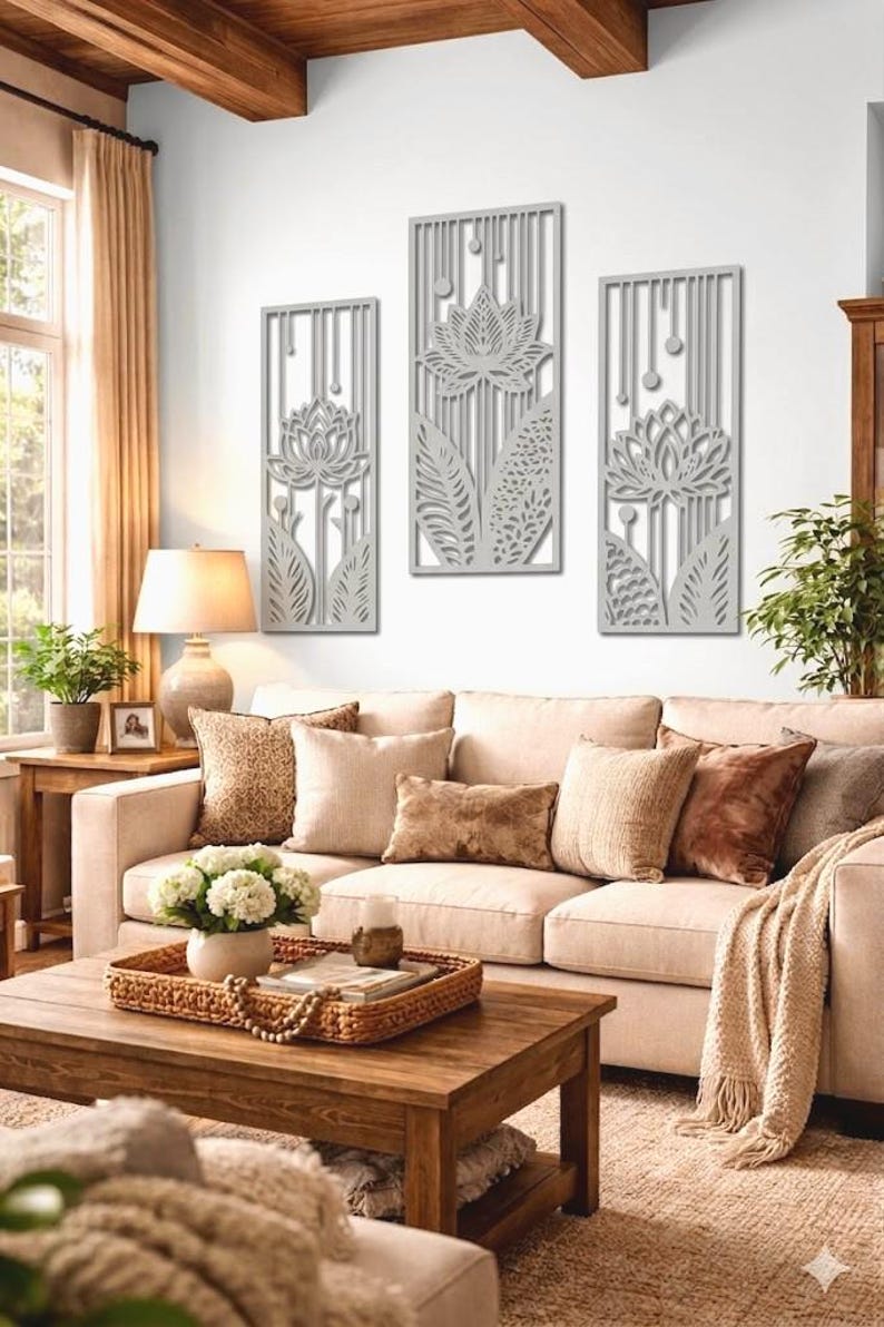 Lot de 3 œuvres d'art mural en bois fleur de lotus avec gouttes de pluie, décoration murale zen triptyque