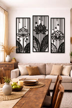 Lot de 3 œuvres d'art mural en bois fleur de lotus avec gouttes de pluie, décoration murale zen triptyque