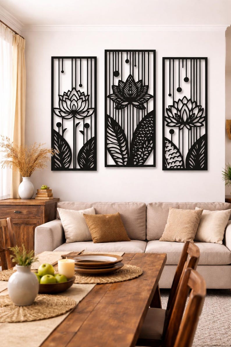 Lot de 3 œuvres d'art mural en bois fleur de lotus avec gouttes de pluie, décoration murale zen triptyque