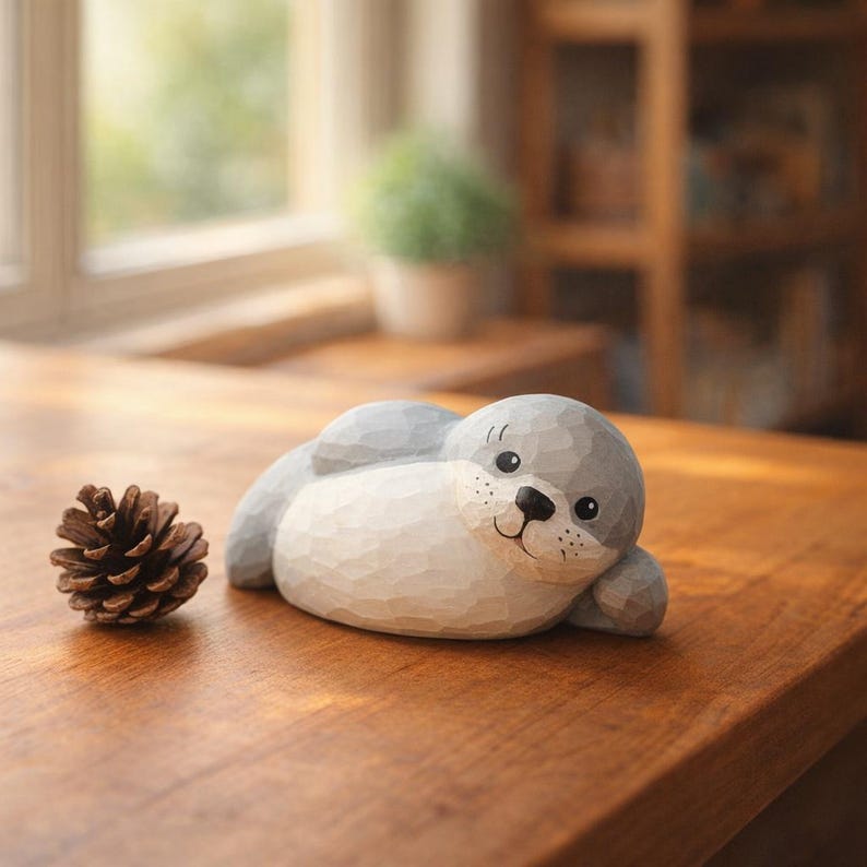 Figurine de phoque en bois naturel gris et blanc | Décor animal côtier pour bureau étagère