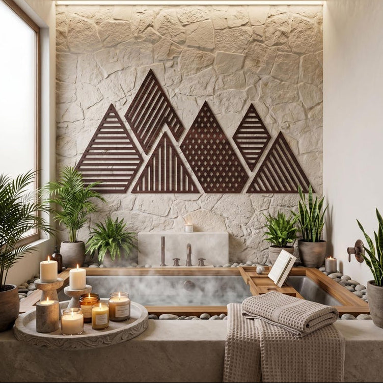 Grande décoration murale montagne en bois, panneau mural panoramique 6 pièces, art mural minimaliste au-dessus du lit