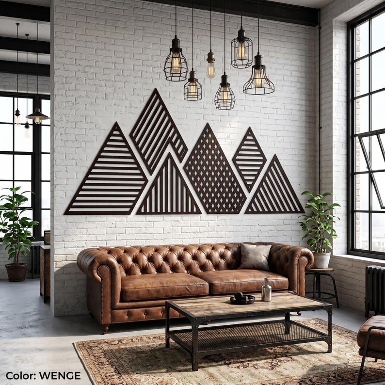 Grande décoration murale montagne en bois, panneau mural panoramique 6 pièces, art mural minimaliste au-dessus du lit