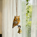 Carillons éoliens hibou en bois sculpté à la main avec cloche, décoration suspendue rustique