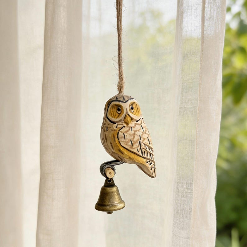 Carillons éoliens hibou en bois sculpté à la main avec cloche, décoration suspendue rustique