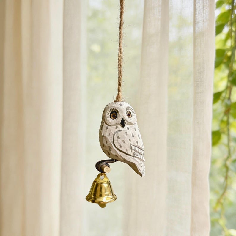 Carillons éoliens hibou en bois sculpté à la main avec cloche, décoration suspendue rustique