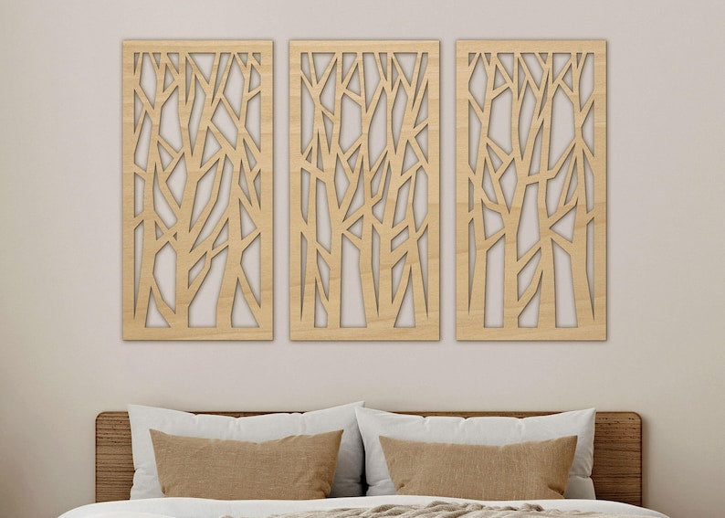 Grand ensemble de panneaux triptyques en bois avec arbres abstraits