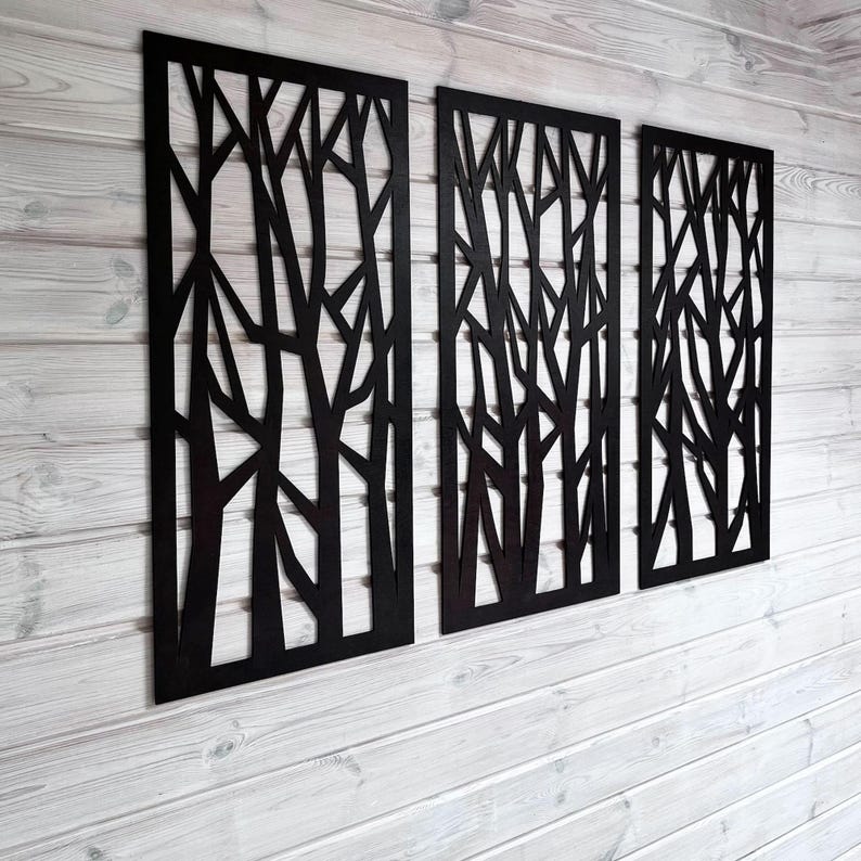 Grand ensemble de panneaux triptyques en bois avec arbres abstraits