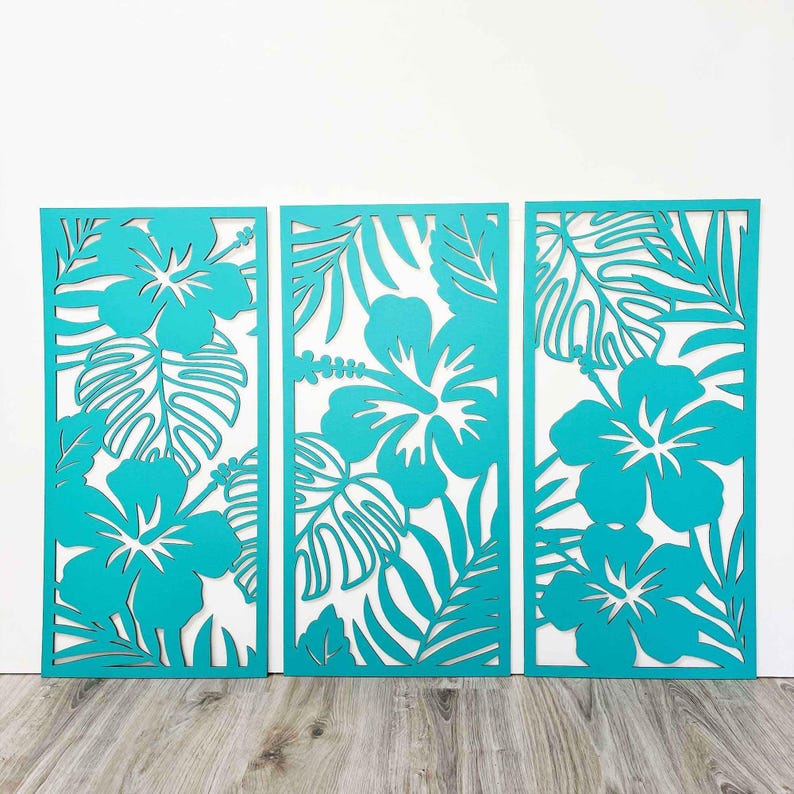 Lot de 3 Hibiscus Art Mural en Bois, Feuilles Tropicales Bouleau, Déco Bohème Hawaii Salon
