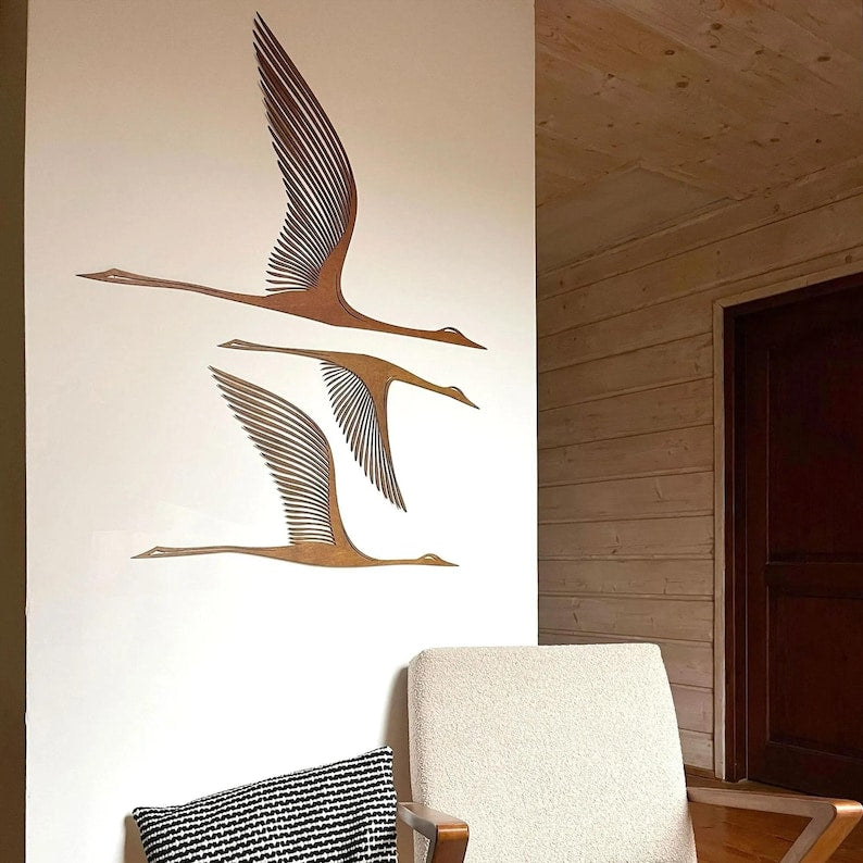 Lots de 3 panneaux muraux d'oiseaux Japandi en bois - Décoration murale Flying Cranes