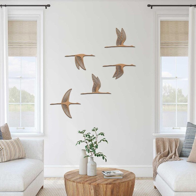 Lot de 5 panneaux muraux oiseaux en bois découpés au laser - Décoration Japandi