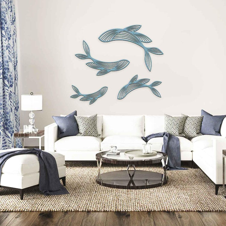 Lot de 4 décorations murales poisson minimaliste en contreplaqué de bouleau 4 mm