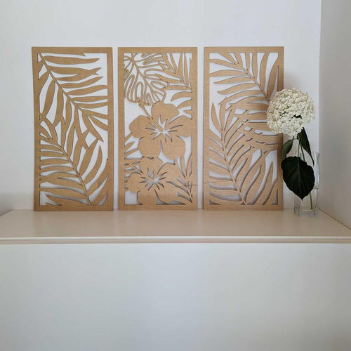 Décoration murale 3 pièces en bois, panneaux fleurs d'hibiscus et feuilles de palmier, art mural tropical