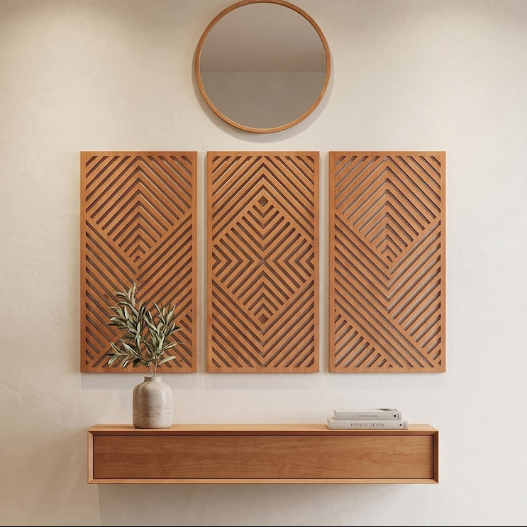 Ensemble d'art mural triptyque en bois wengé, 3 panneaux abstraits géométriques, décoration Japandi moderne