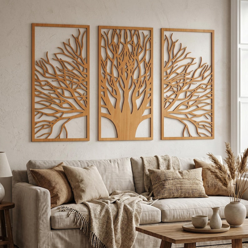 Lot de 3 panneaux muraux en bois arbre de vie, décoration triptyque bohème moderne, grand art mural en bois contreplaqué, décoration chambre minimaliste
