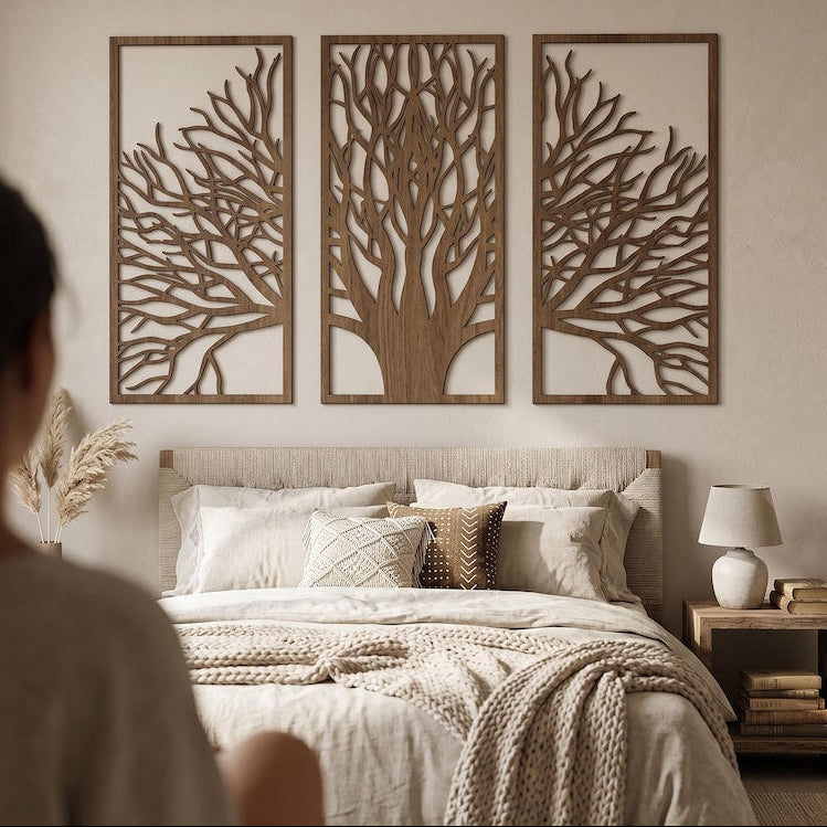 Lot de 3 panneaux muraux en bois arbre de vie, décoration triptyque bohème moderne, grand art mural en bois contreplaqué, décoration chambre minimaliste